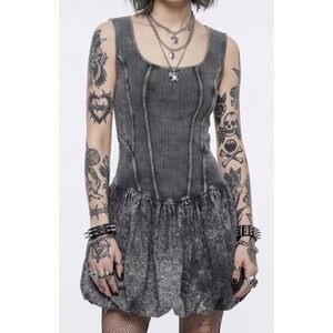 J.OUR Acid Wash Ribbed Long Sleeve Bubble Mini Dress with Shorts‎ Black Gray M